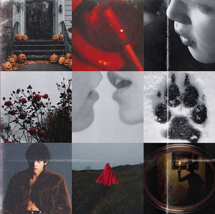 moodboard with dark-haired Taehyung wearing a furry coat and no shirt, a close-up picture from Jimin's face, someone wearing a red riding hood running through a meadow, some roses, the front entrance of a house with some carved pumpkins, two people almost kissing...