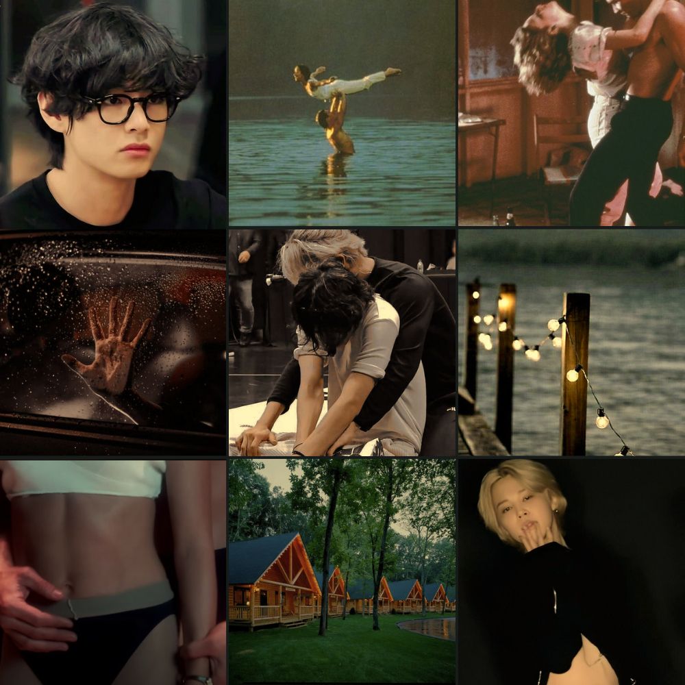 moodboard with dark and curly haired Taehyung wearing glasses, blonde Jimin dancing and pulling up his shirt, and some pictures from the Dirty Dancing movie