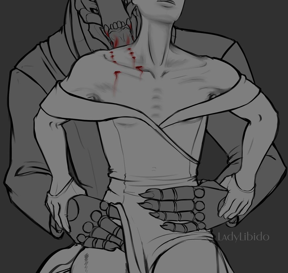 greyscale image by OP

Image depicts a monstrous man, Xerxes, with a woman on his lap, Ketna. The view of the image only depicts their torsos, keeping Ketna's full face out of frame. Ketna is wearing an off-the-shoulder low-cut dress with slits that go up to her thighs. Red teeth marks are on the meat of her shoulder to the collar bone, where Xerxes has just recently bit her. 

Xerxes is behind Ketna, as she is sitting on his lap, mouth raised from the bite with blood on his teeth. His tongue also has blood as he is licking the puncture wounds from behind. His hands are around her waist, one over her dress, the other's fingers are slipping under the the slit of her dress. Ketna's hands are gripping the wrist of each of Xerxes hands on either side; right to right, left to left.