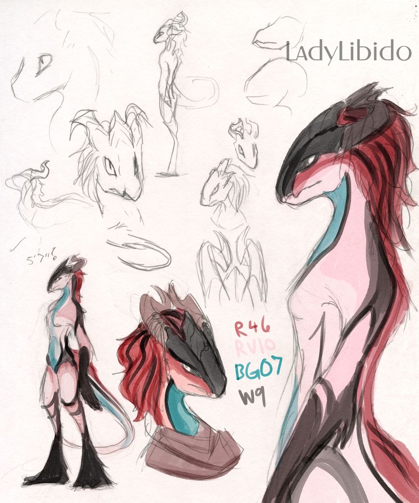 Image is a sketch page of a lady monster character. she has a beaked face, a crest with horns, big fuffy hair, is standing upright, she has somewhat long arms, digitigrade legs and a tail, and is covered in fur. 