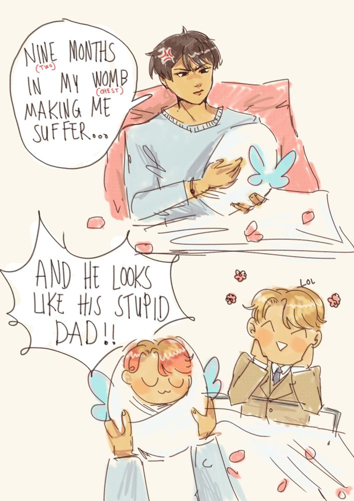 redraw of the meme "nine months in my womb making me suffer and he looks like his stupid dad" with annoyed han yoojin and smiling sung hyunjae and han gyeol. the hospital bed has a pink pillow and pink flower petals.