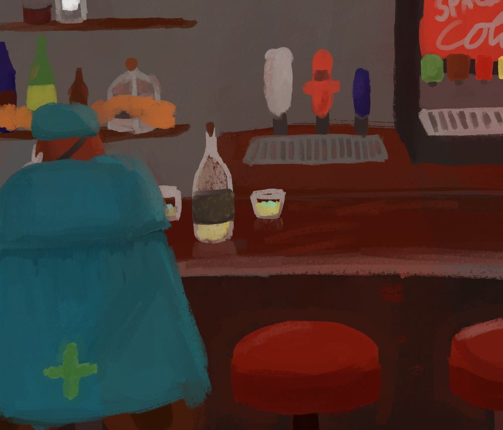 A red-lit bar with three stools. One of the stools is occupied by a moth wearing a Chief Medical Officer uniform. In front of him is a bottle of liquor, which has been poured for two people. One glass is in front of him. The other, is for the seat beside him.

The seat next to him is empty.