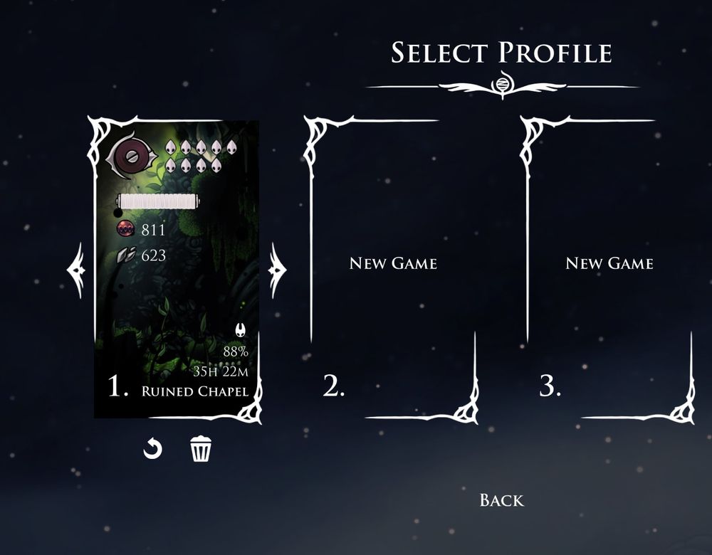 A screenshot of the file select screen from Hollow Knight Silksong, showing a (mostly) completed save file at 88%, with all that's really remaining are some collectables like health and silk upgrades.