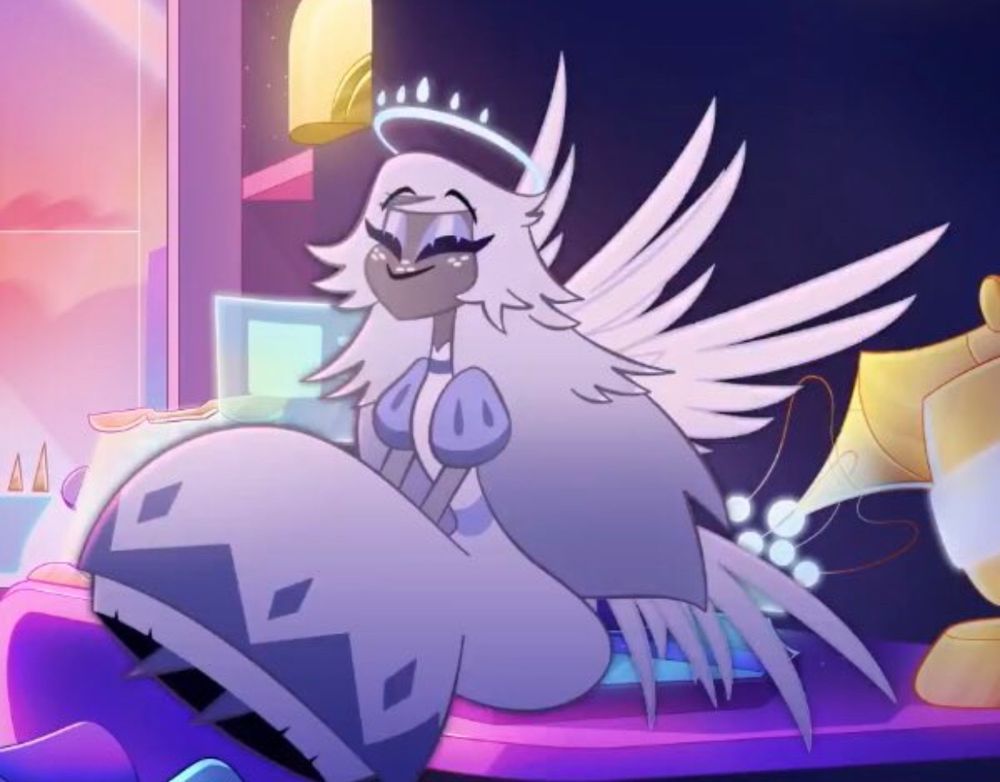 Emily from Hazbin Hotel. She is an angel with large wings, grey skin, and is wearing a big white and light blue dress.