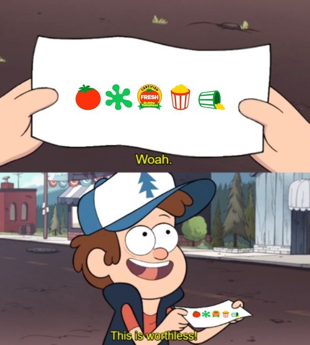 Classic meme.

Dipper from Gravity Falls is holding up a piece of paper and says "Woah. This is worthless".

The paper has been edited to include Rotten Tomatoes' Tomatometer.