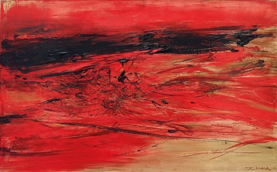 against a bright red background, heavy charcoal-black brushstrokes dominate the surface. the upper part is crossed by a large horizontal black band. the lower area is dominated by chaotic long and short strokes of black mingling over the red

art: 21.04.64 by zao wou-ki

https://www.zaowouki.org/en/