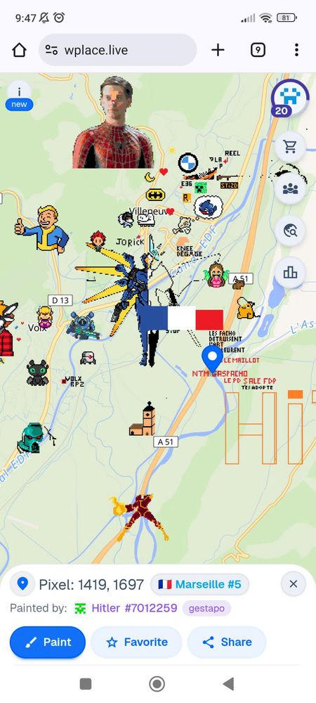 Un pixel placé par « HlTLER » du groupe « gestapo » sur Wplace 
