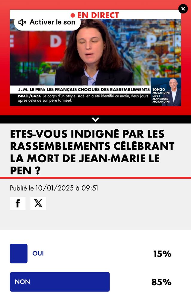 Capture d’écran du site de CNews:
En haut: le direct avec pour bandeau « J-M Le Pen: les français choqués des rassemblement » 
En bas: le sondage du site « Êtes-vous indigné par les rassemblements célébrant la mort de Jean-Marie Le Pen ? » avec 15% de OUI et 85% de NON