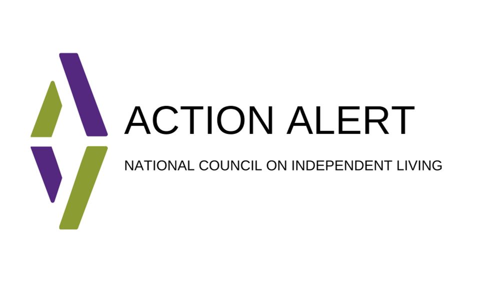 ACTION ALERT – National Council on Independent Living Advocacy and Action Center graphic features two abstract letters A, reflected horizontally in purple and green.