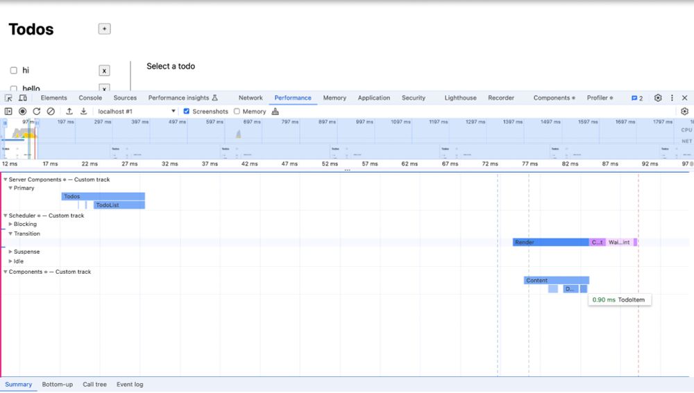 Screenshot showing the Chrome DevTools Performance tab with RSC integration.