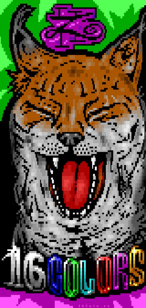 ANSI image of a yawning bobcat with a Zeus II logo on top and the text "16 Colors" underneath.