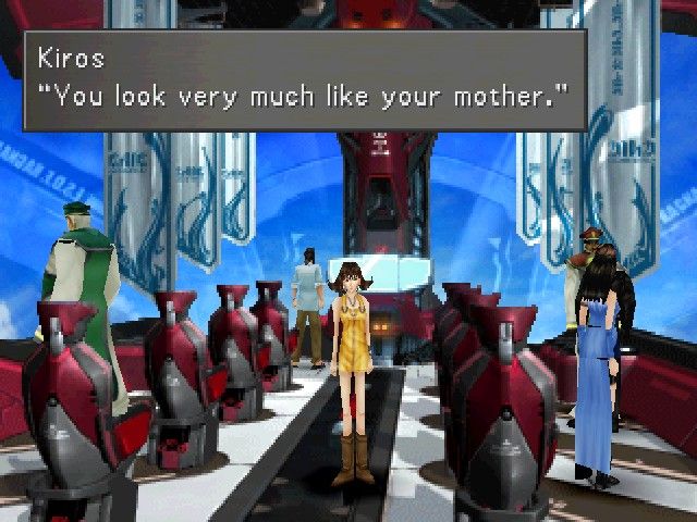 Screenshot from the game Final Fantasy 8. Squall and his teammates are talking to the characters Ward and Kiros. Kiros says: "You look very much like your mother."