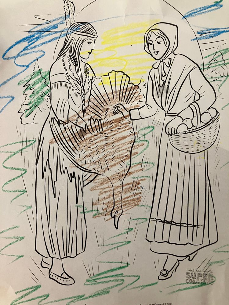 Children’s coloring page showing an indigenous Native American woman giving a turkey to a pilgrim woman.