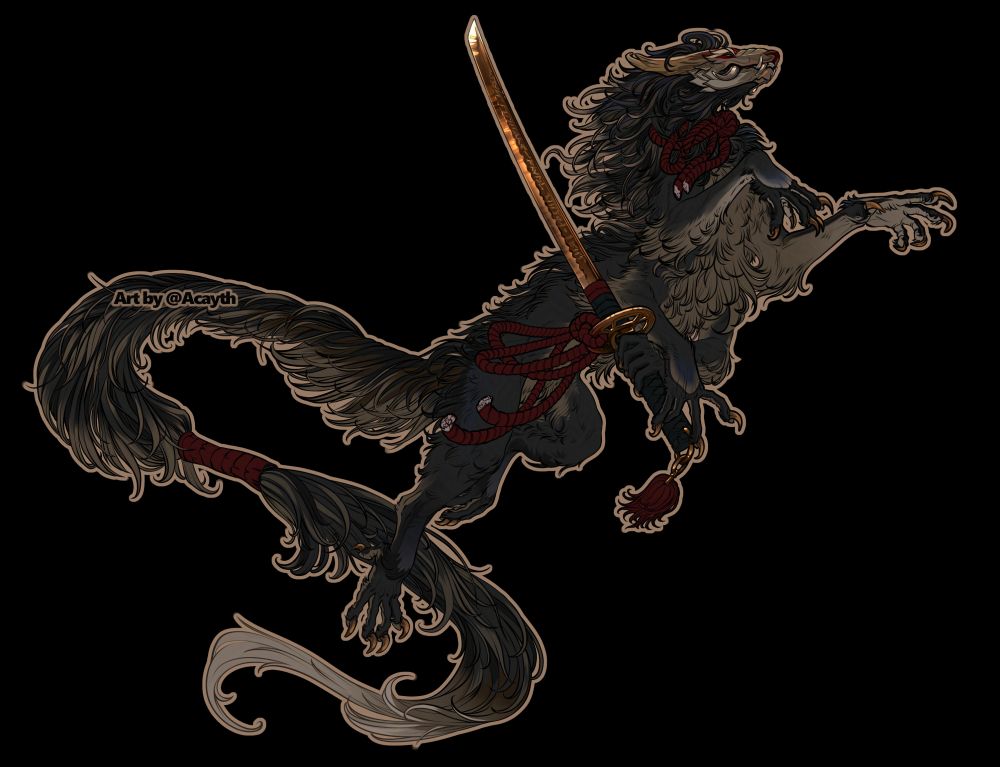 A dark, wolf-like creature with an extra set of arms, holding a sword.