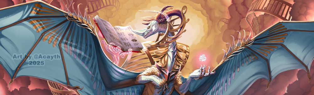 Dragon deity, that is casting magic in the form of an orb, while reading up something in a magical book. 
