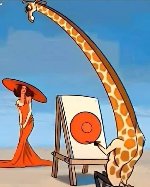 A giraffe drawing a lady with a large red hat, from above, as two concentric circles.