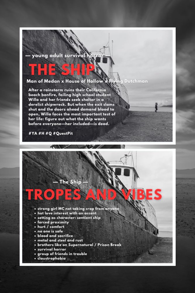 Two images, both of the same old, rusty ship, overlaid with text.

Top: young adult survival horror 
THE SHIP (in red)

After a rainstorm ruins their California beach bonfire, failing high school student Willa and her friends seek shelter in a derelict shipwreck. But when the exit slams shut and the doors ahead demand blood to open, Willa faces the most important test of her life: figure out what the ship wants before everyone—her included—is dead.

Bottom:
The Ship
TROPES AND VIBES (in red)

- strong girl MC not taking crap from anyone
- hot love interest with an accent
- setting as character: sentient ship
- forced proximity 
- hurt / comfort 
- no one is safe
- blood and sacrifice
- metal and steel and rust
- brothers like on Supernatural / Prison Break
- survival horror
- group of friends in trouble
- claustrophobia 