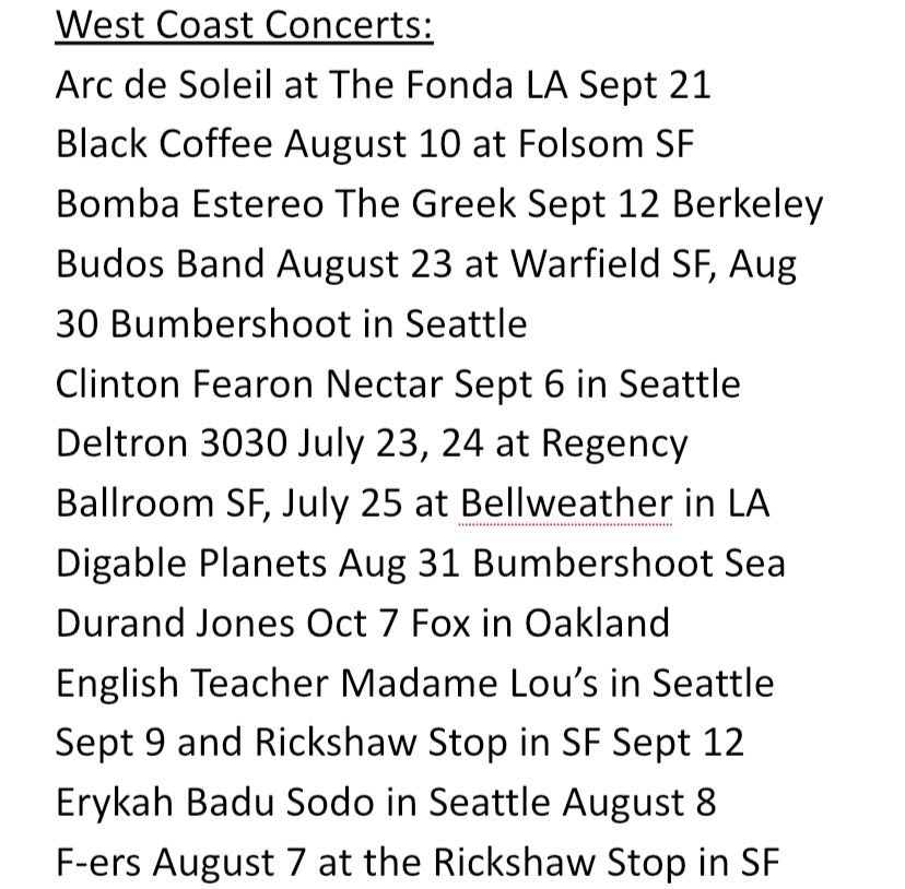 West coast concerts radio show - list of artists, dates and venues!