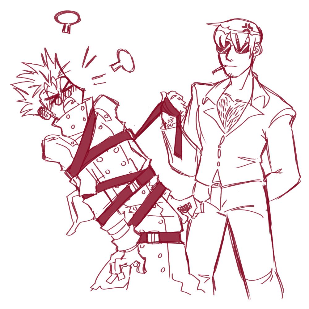 red and white sketch of Vash and Wolfwood. Wolfwood is smoking and has a little anger indicator on his head, and is holding the end of the belts usually used to wrap up the punisher, instead used to tie up Vash with his arms at his sides. Vash is protesting loudly, blushing, and cartoonishly upset at the situation. 