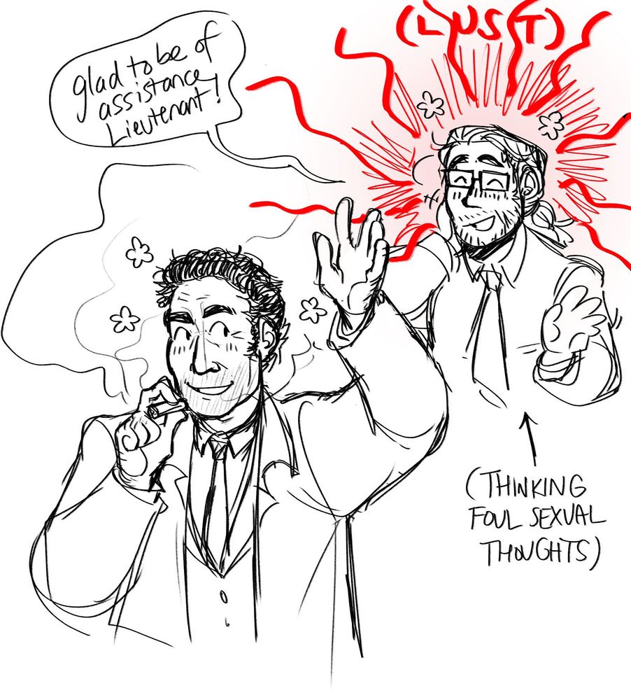 Columbo waving over his shoulder, walking away from the man with long hair, who's scratching his jaw with one hand and waving back with the other, blushing and cheerful. In red lines radiating off of him text reads (LUST) in parentheses, and an arrow pointing at him also reads "thinking foul sexual thoughts", while out loud the man says "glad to be of assistance Lieutenant!" 