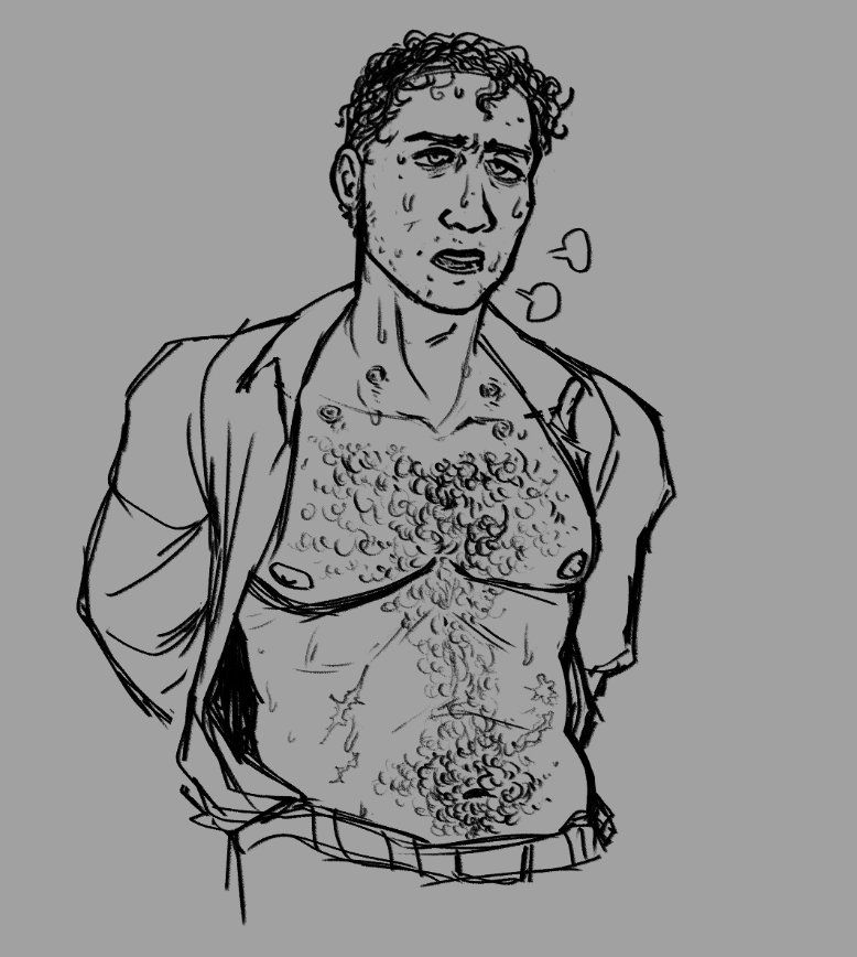 Black sketch on gray background. Human!Deadeye Detective is tied to a chair with his arms behind his back and has his shirt open. He's hairy and scarred, with cigarette busn all over his collarbones chest. He's based off of giancarlo esposito physically, and has tightly cut curly black hair with strands loose in his face, stubble, and looks overwhelmed, panting and sweating. 