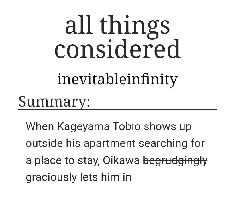 "all things considered" by inevitableinfinity title and summary 