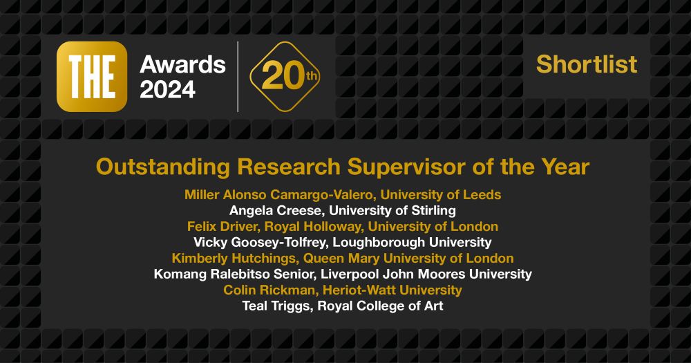 THE
Awards
2024
20*
Shortlist
Outstanding Research Supervisor of the Year
Miller Alonso Camargo-Valero, University of Leeds
Angela Creese, University of Stirling
Felix Driver, Royal Holloway, University of London Vicky Goosey-Tolfrey, Loughborough University Kimberly Hutchings, Queen Mary University of London
Komang Ralebitso Senior, Liverpool John Moores University
Colin Rickman, Heriot-Watt University
Teal Triggs, Royal College of Art