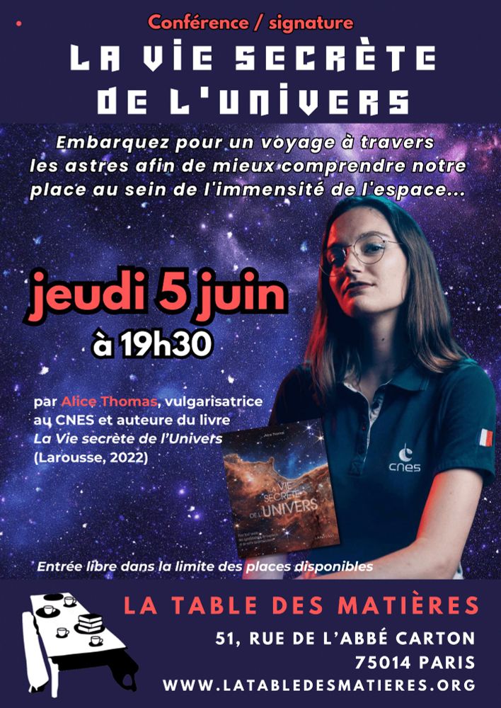 Conférence / Signature "La vie secrète de l'Univers" jeudi 5 juin à 19h30 au 51 rue de l'abbé Carton 75014 Paris