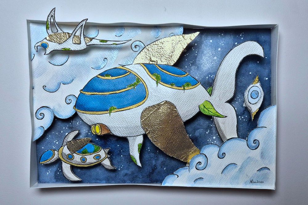 Dessin réalisé par Alice pour le WeekAndArt. On y voit des vaisseaux inspirés de la faune marine (poisson, raie manta et tortue) dans des nuages par-dessus un ciel etoilé