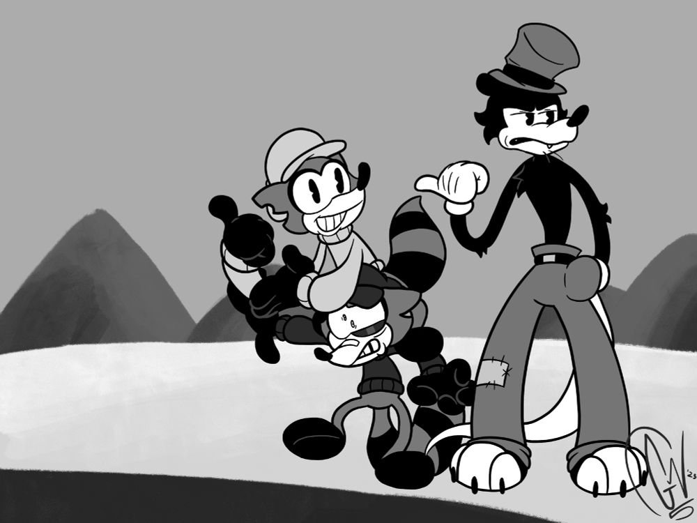 Olaf, Coal and Rust in a desert, pointing on a road, hitching hiking and itching for a ride outta the heat