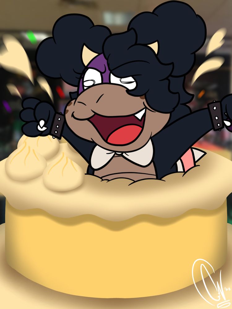 A koopa version of RockhouseJai’s oc, Mendy, popping out of a cake with skittles at a Chuck E. Cheese