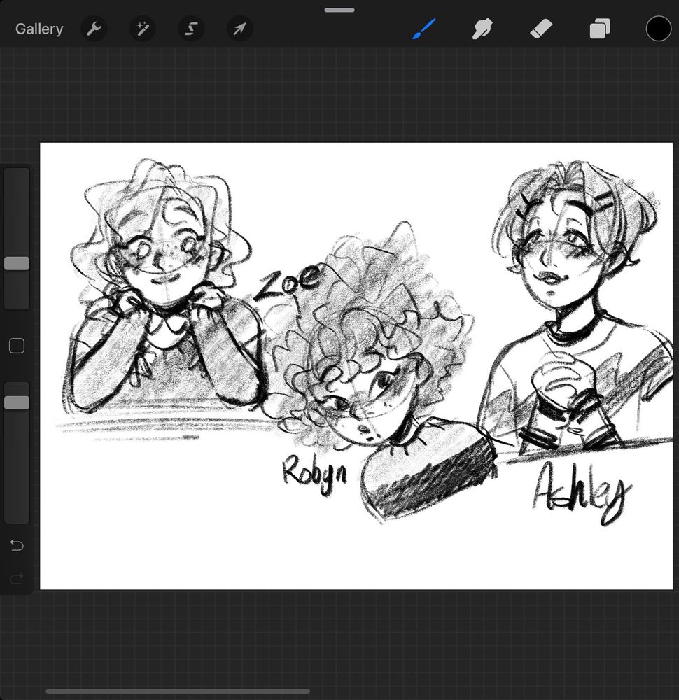 Sketches of three characters drawn in procreate