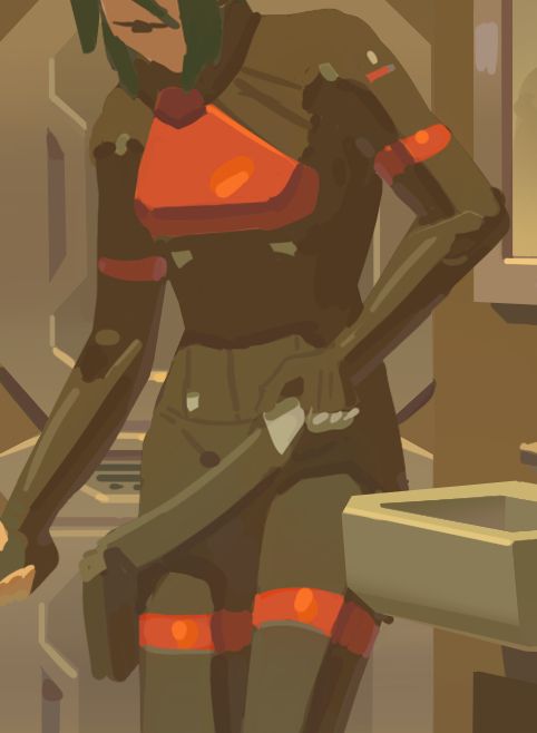 A crop of a rough color sketch of Elster from her shoulders to midway down her thighs. She's leaning over a little as she takes off her belt