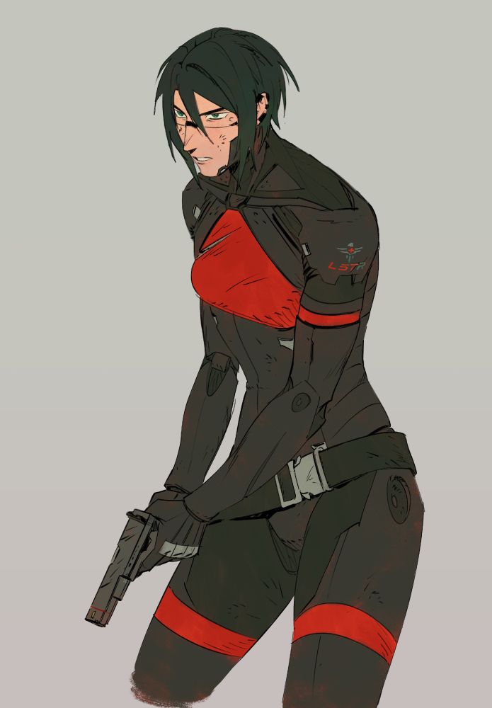 A half-body colored drawing of Elster in a 3/4 view. She has an intense look on her face as she leans forward a bit, holding a pistol in her hands and pointing it towards the ground.