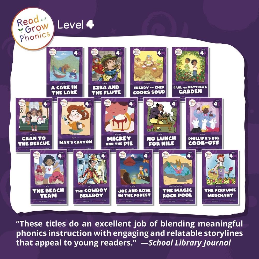 Read and Grow Phonics
Level 4

"These titles do an excellent job of blending meaningful phonics instruction with engaging and relatable storylines that appeal to young readers." —School Library Journal⁠
