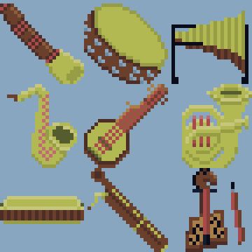 9 pixel art instruments in brown, light gold, and light red, shown individually in posts below