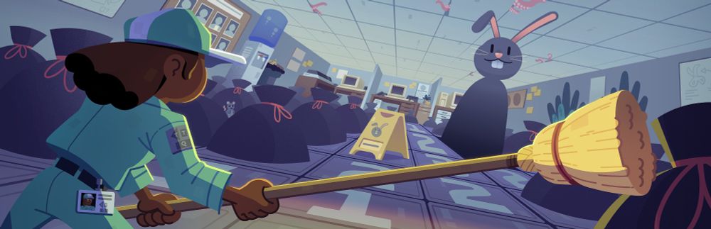 Black teenage girl wearing janitor coveralls wields broom facing giant grey dust bunny. The floor is covered in numbered tiles reminiscent of Minesweeper, as well as trash bags and caution signs. 
