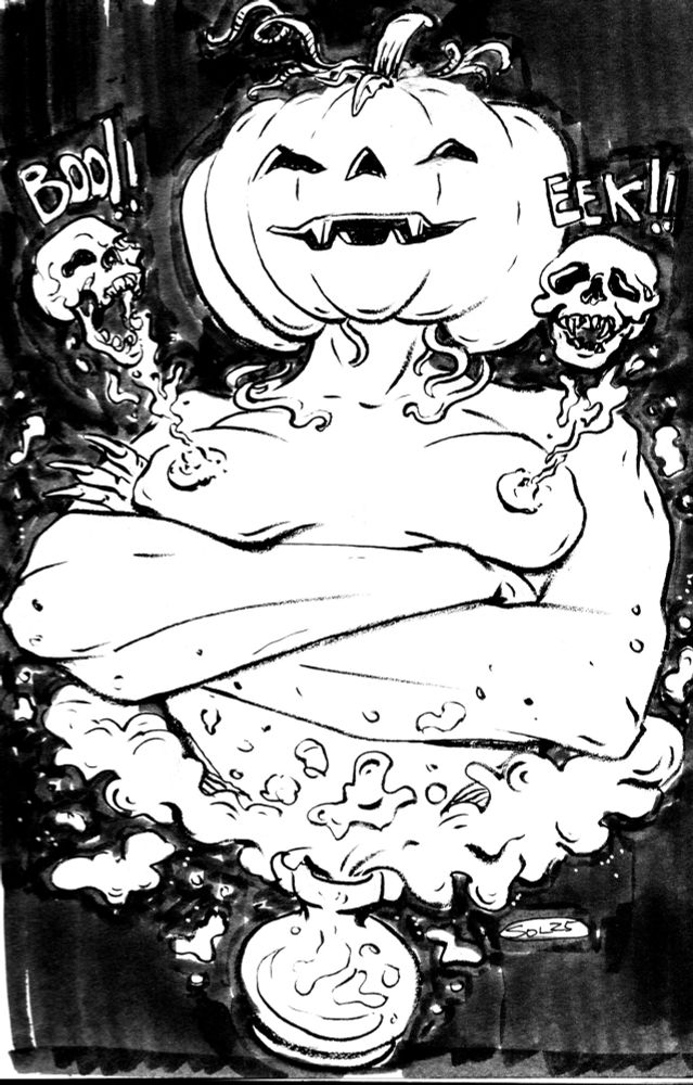 a female nude jack-o-lantern's upper coming out of a bottle, surrounded by smoke. There are two skulls squirting out of her nipples, first one says Boo!! and the other one Eek!!