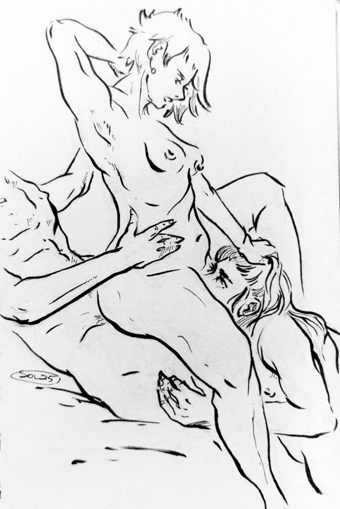 inkdrawing of a woman riding a man reverse cowgirl, and holding another man's head between her legs. The man looks up to her.