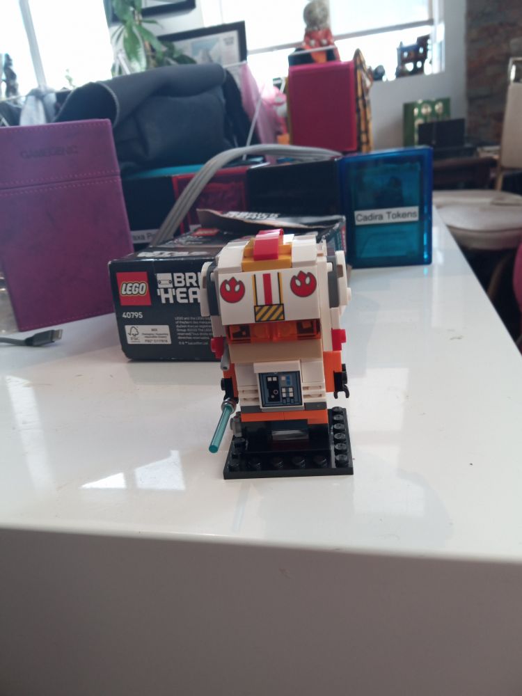 The Luke Skywalker Lego brickheadz set.  He's in an orange flight suit with a white helmet holding a lightsaber.