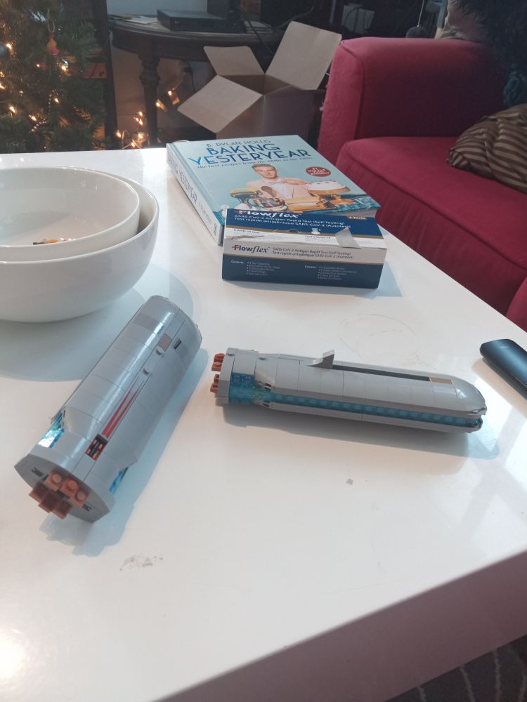 The nacelles of the Lego USS Enterprise D from Star Trek the Next Generation.  They are done except for the front 