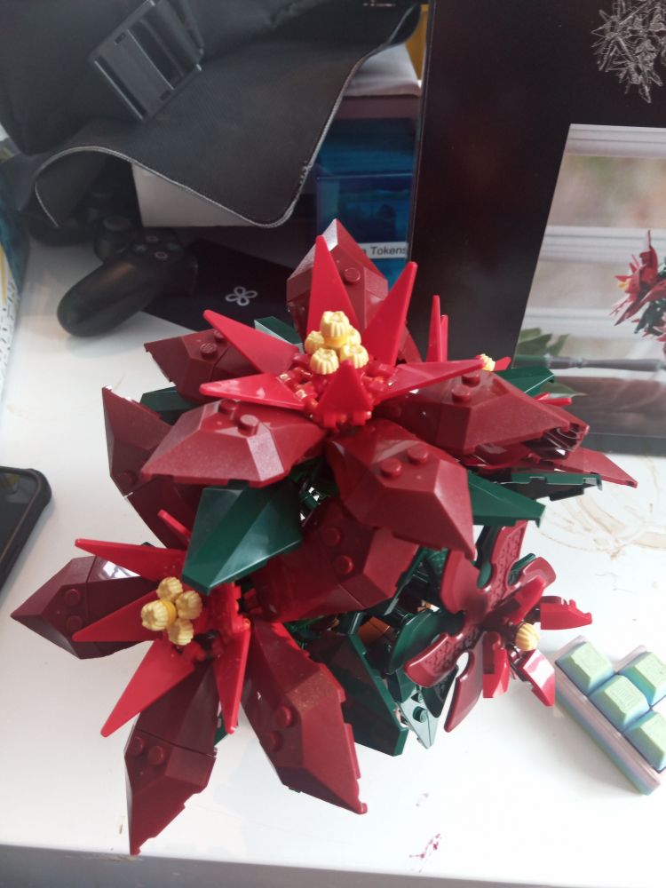 The completed Lego pointsettia set.  It has three large flowers and two small ones