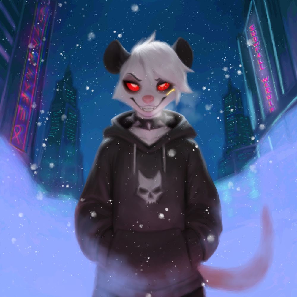 Anhedonia the opossum, standing in a snowy, cyberpunkish doentown, surrounded by snow and fog. It looks menacing - the fog swirls around it. A building behind it says 'SNOW WARNING' on a billboard.