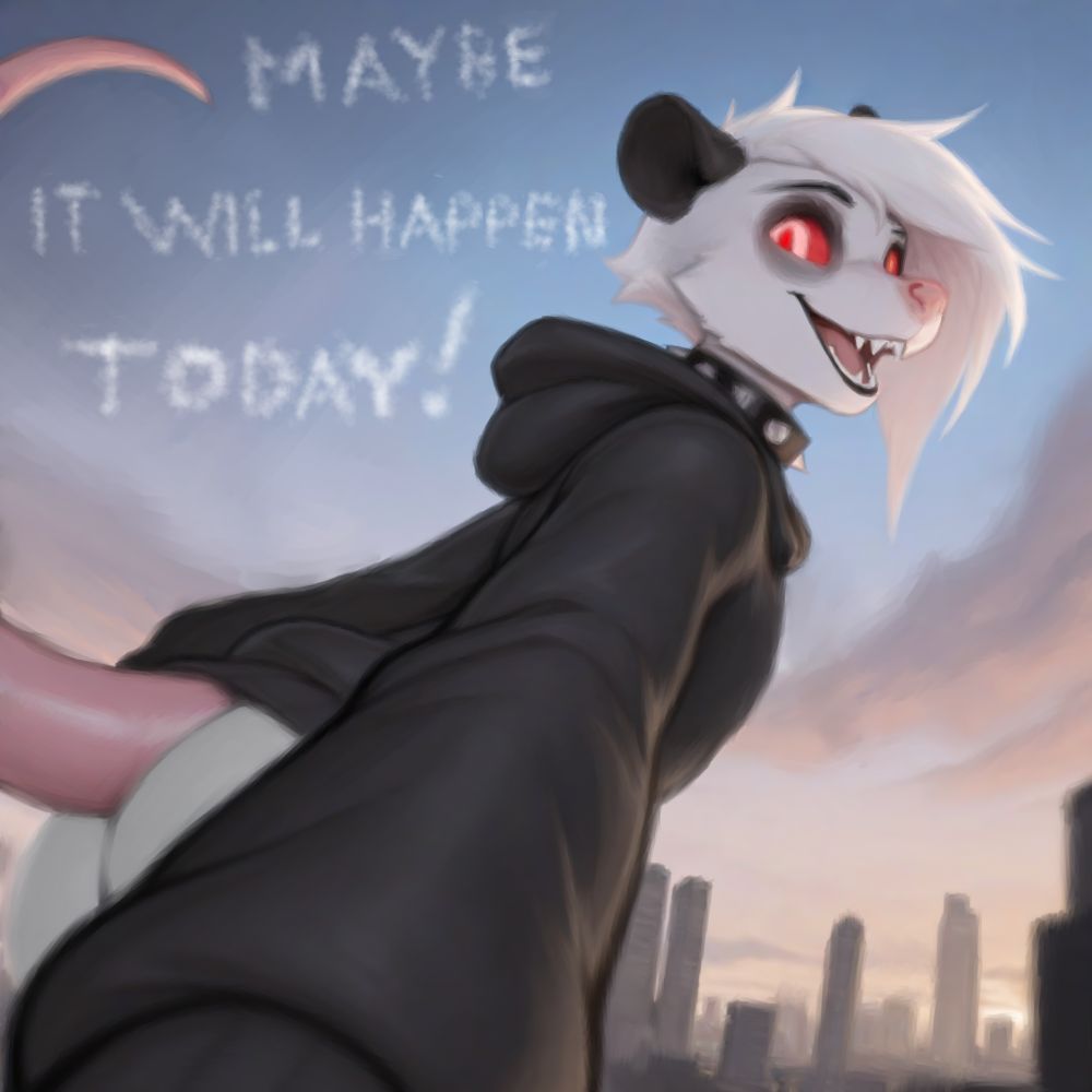 Anhedonia the opossum, leading the viewer by the hand towards a city at dawn. It is wearing a black hoodie and spiked collar. Clouds in the sky spell "MAYBE IT WILL HAPPEN TODAY!"