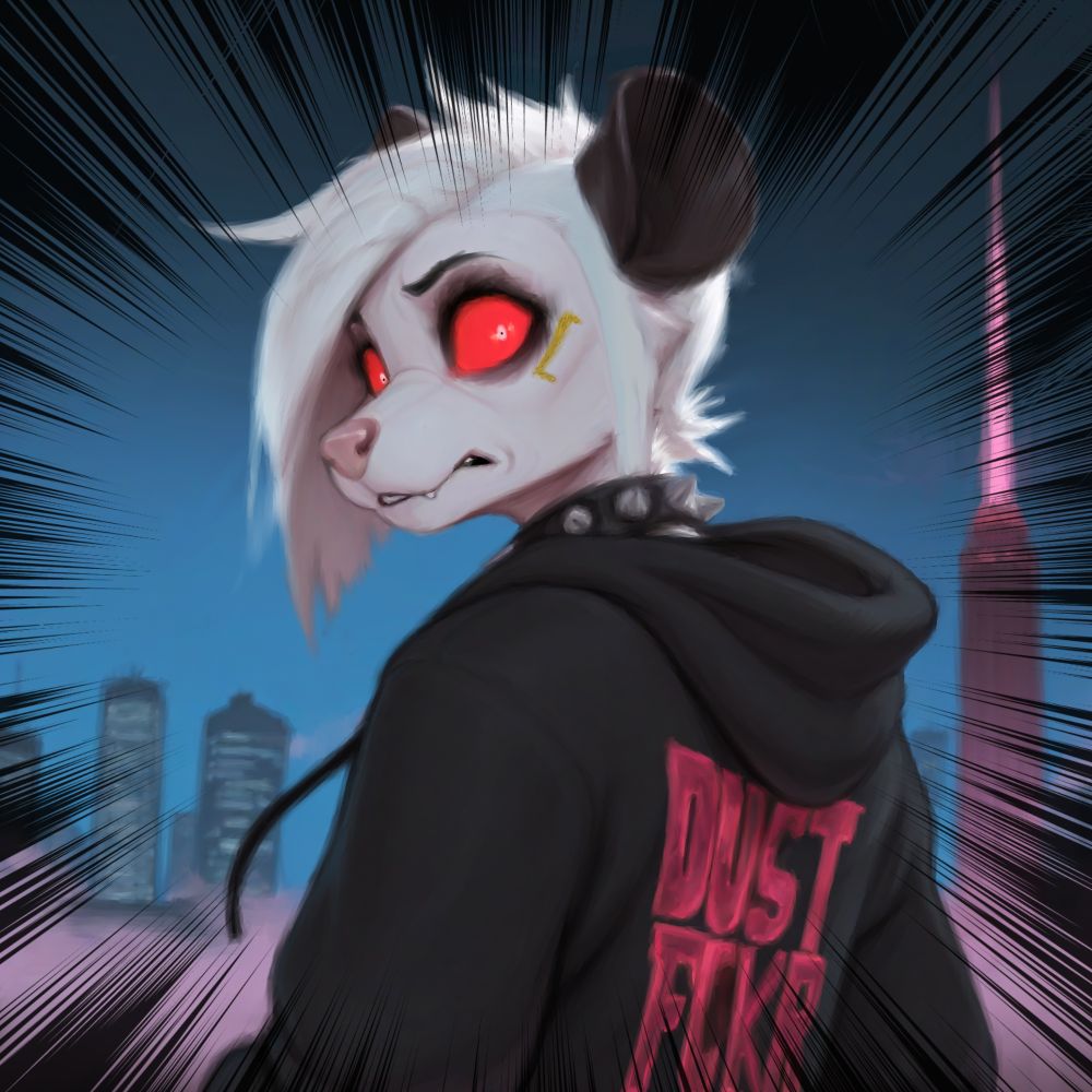 Ani the opossum, wearing a black hoodie that has the words "DUST FCKR" in bold, red print on the back. It is looking back over its shoulder, and has a shocked expression. 
