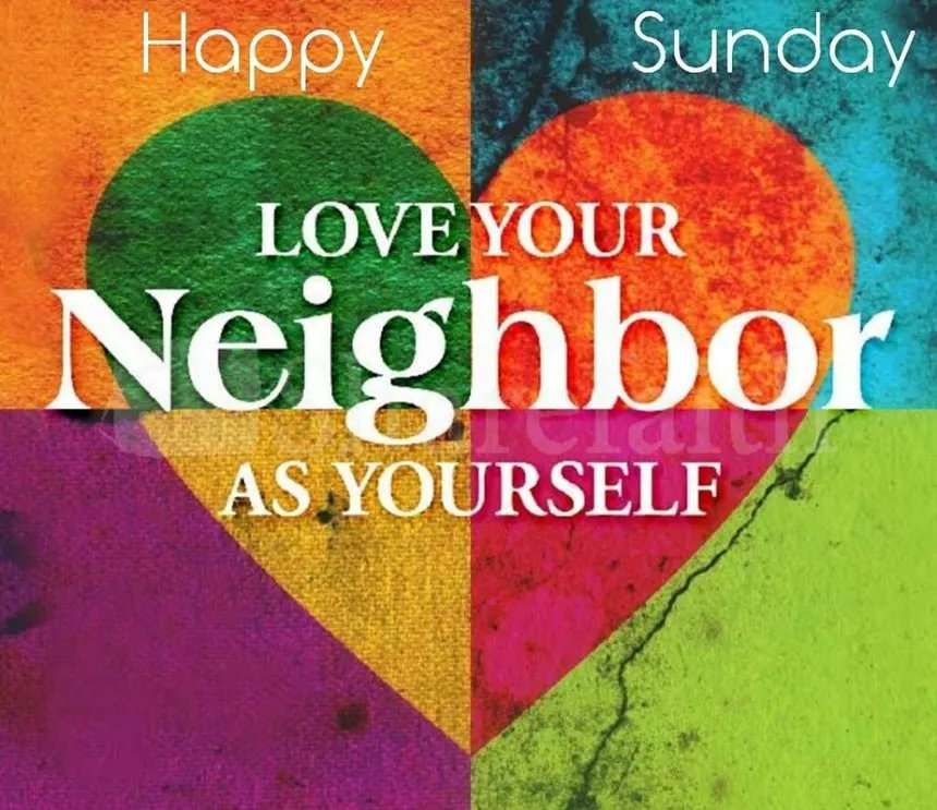Love your neighbor as yourself in writing over a multicoloured heart.