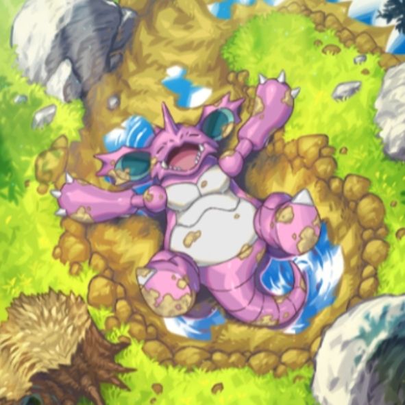 Nidoking sleepin' good. Nidoking is a pokemon. He's pink and big and is kind of a spiny dinosaur. And in this picture it almost looks like he's making, like, a dirt angel like you would make a snow angel. But he also looks chill as all-get-out and I love him for that.