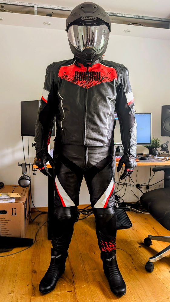 Me in my new 2 piece Moto Combi with boots, gloves, helmet 