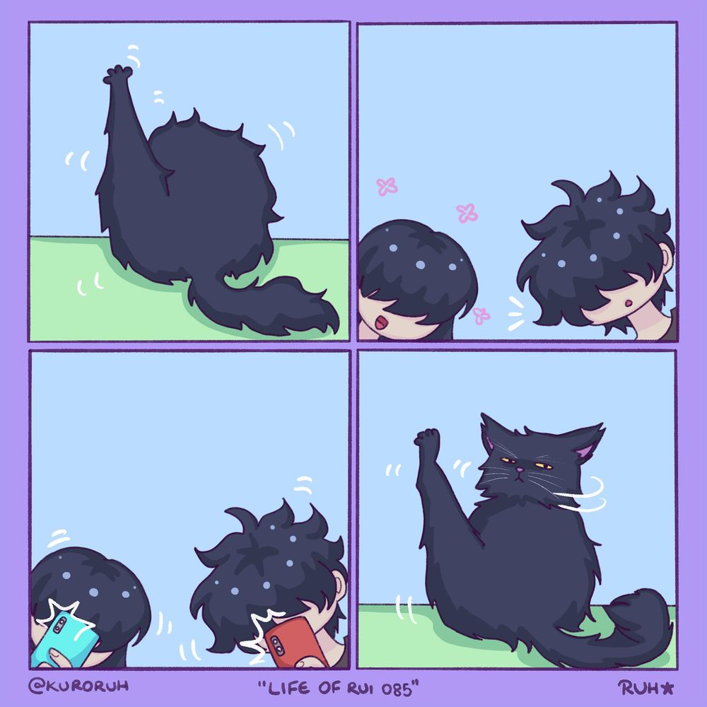 Ilustração em cores de tirinha em formato de quatro quadros.

Primeiro quadro: Nino está numa pose de bolinha com a perna erguida enquanto se lambe.

Segundo quadro: Maria e Rui ficam o olhando.

Terceiro quadro: Ambos erguem o celular para tirar fotos de Nino.

Quarto quadro: Nino encara os dois com uma careta.
