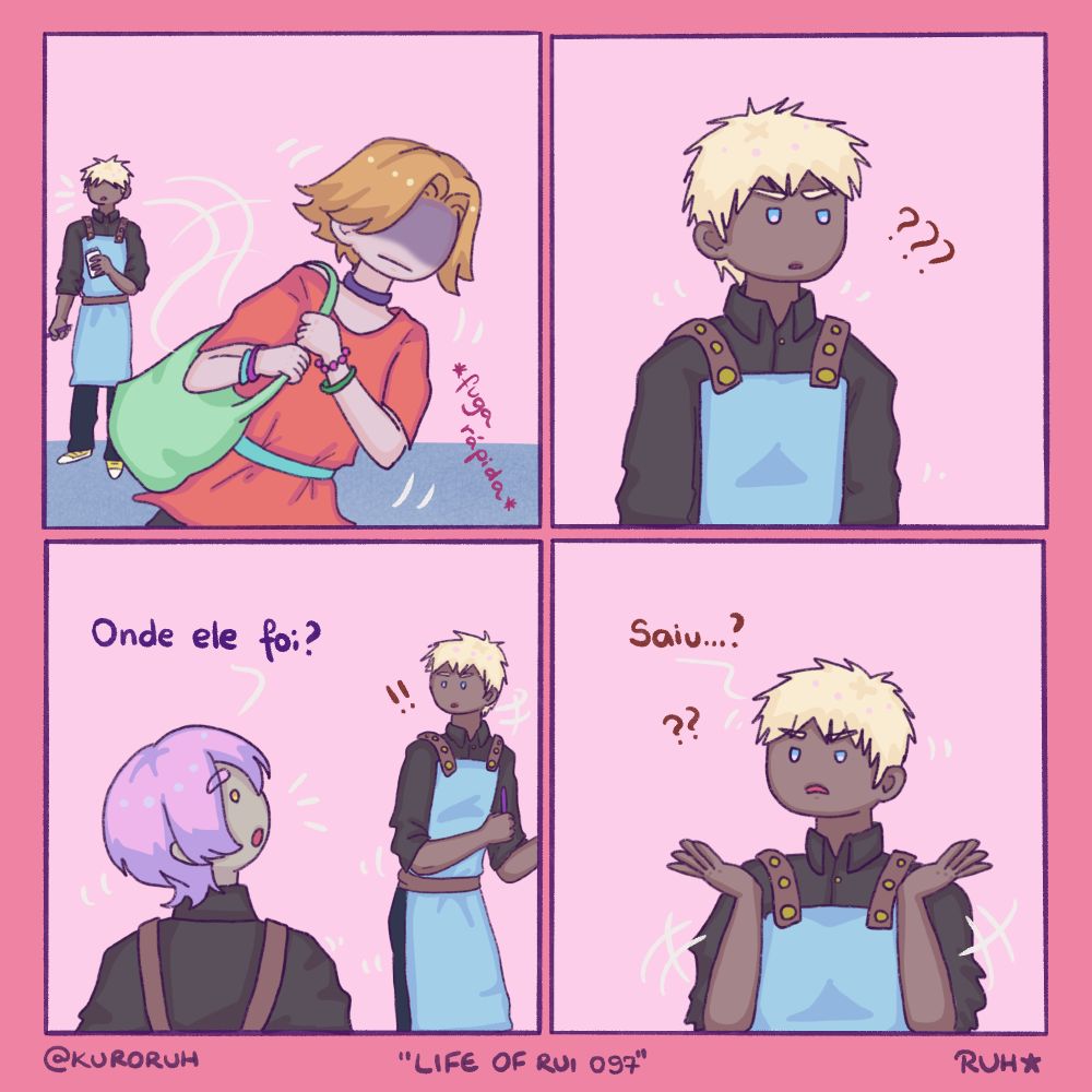 Ilustração em cores em formato de tirinha em quatro quadros.

Primeiro quadro: Ayan sai apressadamente do café deixando Matt confuso para trás.

Segundo quadro: Matt o encara confuso indo embora.

Terceiro quadro: Eugenie pergunta onde Ayan foi.

Quarto quadro: Matt responde confuso que ele apenas saiu.
